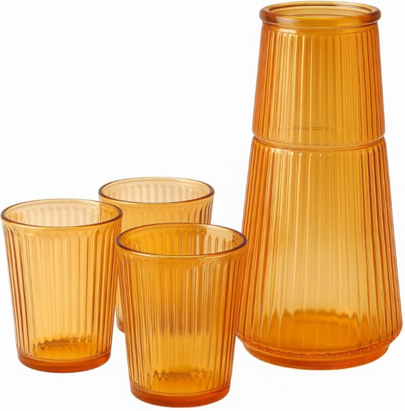 طقم إبريق زجاجي عتيق، بتصميم مضلع بلون الكهرمان، طراز عصري، طقم من 5 قطع (إبريق وكأس للشرب)، سعة 4 أكواب، يُغسل يدويًا فقط، شكل أسطواني